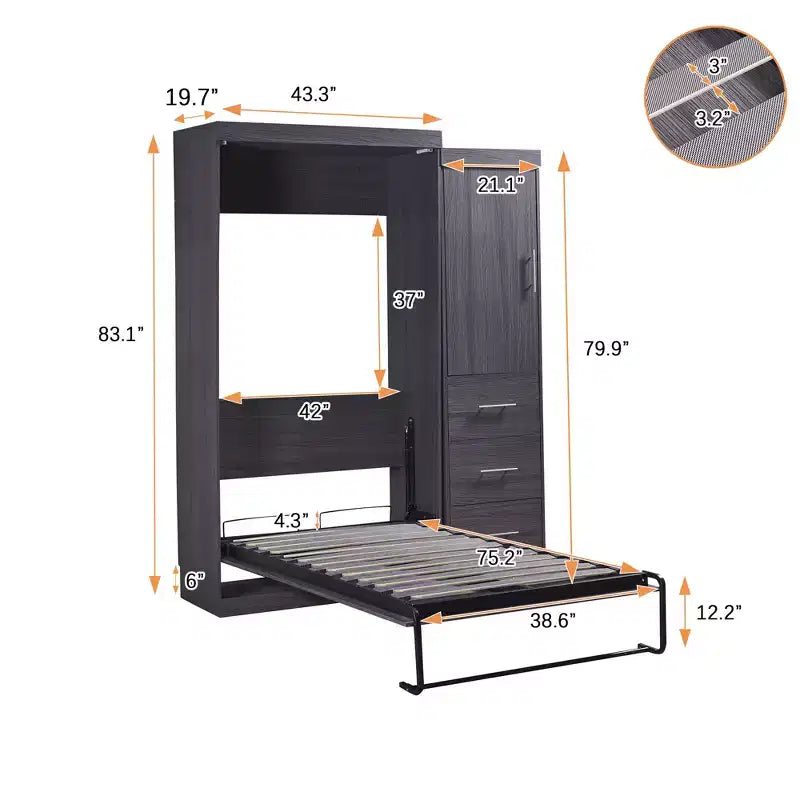 Letto a scomparsa in legno con armadio e cassetti