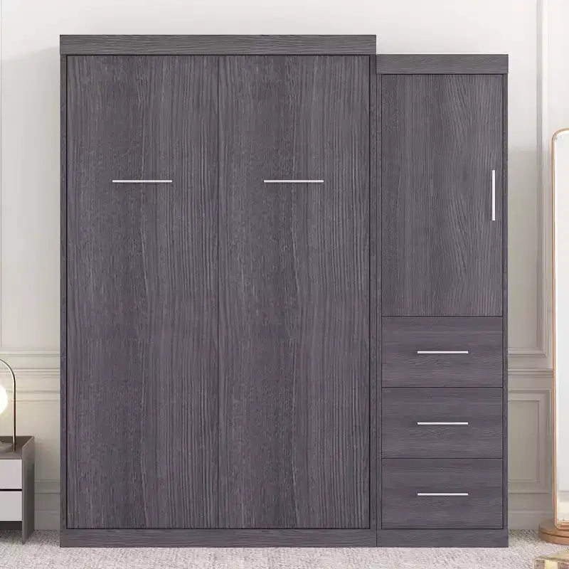 Letto a scomparsa in legno con armadio e cassetti