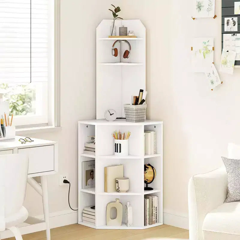 Scaffale angolare a 6 ripiani, Libreria angolare alta 160 cm con 2 porte USB e stazione di ricarica Marrone/Bianco