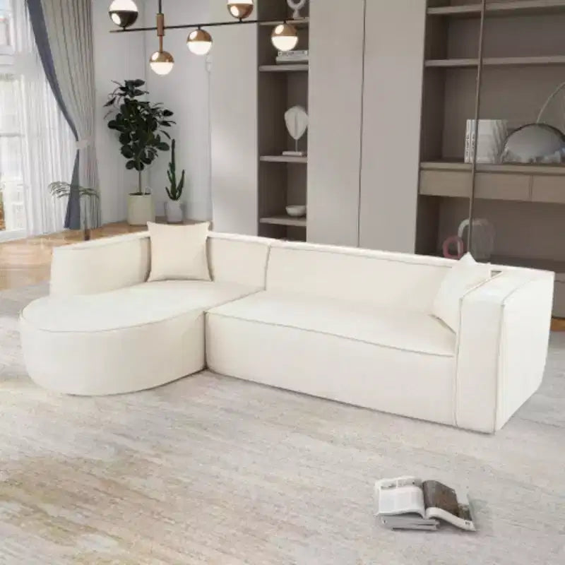 Divano componibile in stile moderno, divano componibile in spugna, divano componibile a L modulare con elegante design curvo e lussuoso tessuto ciniglia, due cuscini decorativi, per soggiorno, studio