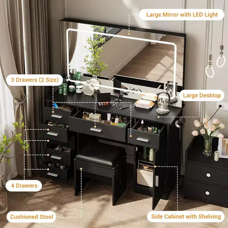 Toeletta con Grande Specchio e Luci, Postazione Trucco con Presa di Corrente, 7 Cassetti e Sgabello Imbottito, 3 Colori di Illuminazione Regolabili