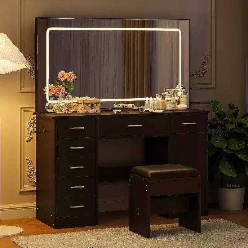 Toeletta con Grande Specchio e Luci, Postazione Trucco con Presa di Corrente, 7 Cassetti e Sgabello Imbottito, 3 Colori di Illuminazione Regolabili