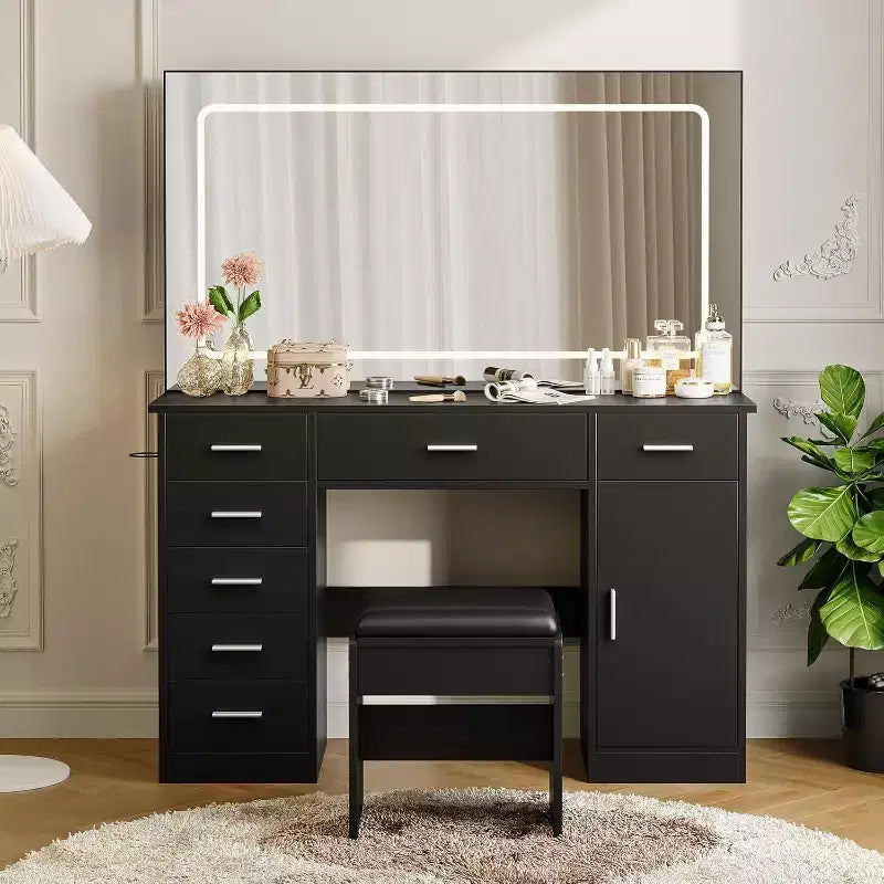 Toeletta con Grande Specchio e Luci, Postazione Trucco con Presa di Corrente, 7 Cassetti e Sgabello Imbottito, 3 Colori di Illuminazione Regolabili