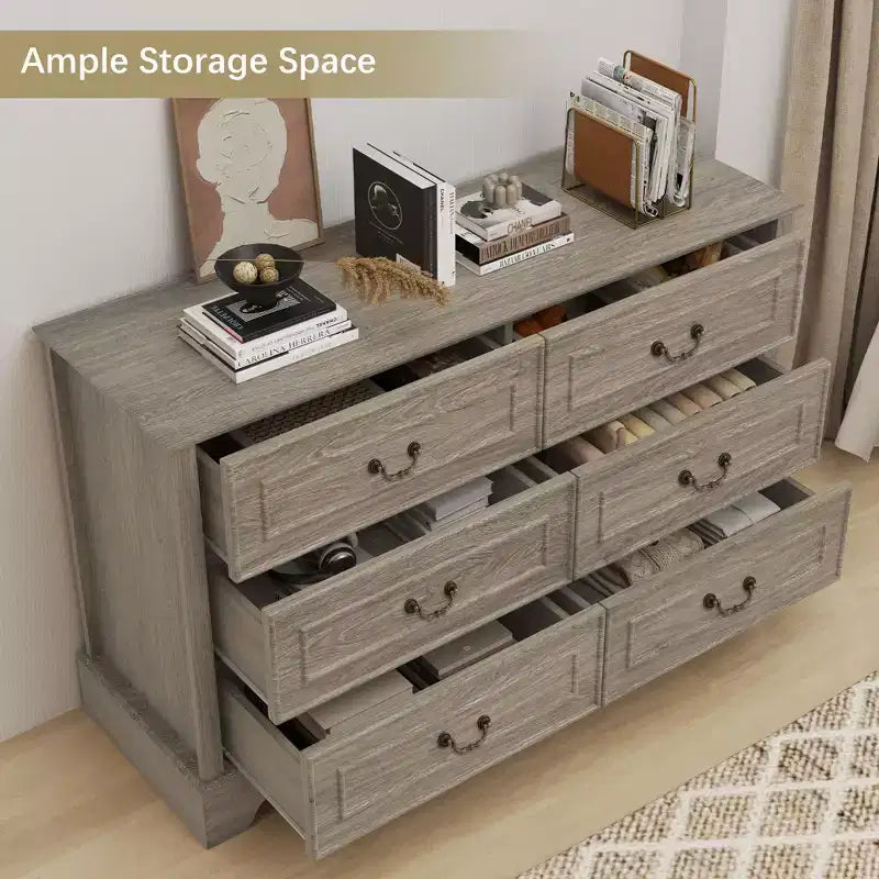Cassettiera rustica da 120 cm con 6 cassetti per camera da letto, texture naturale, grigio