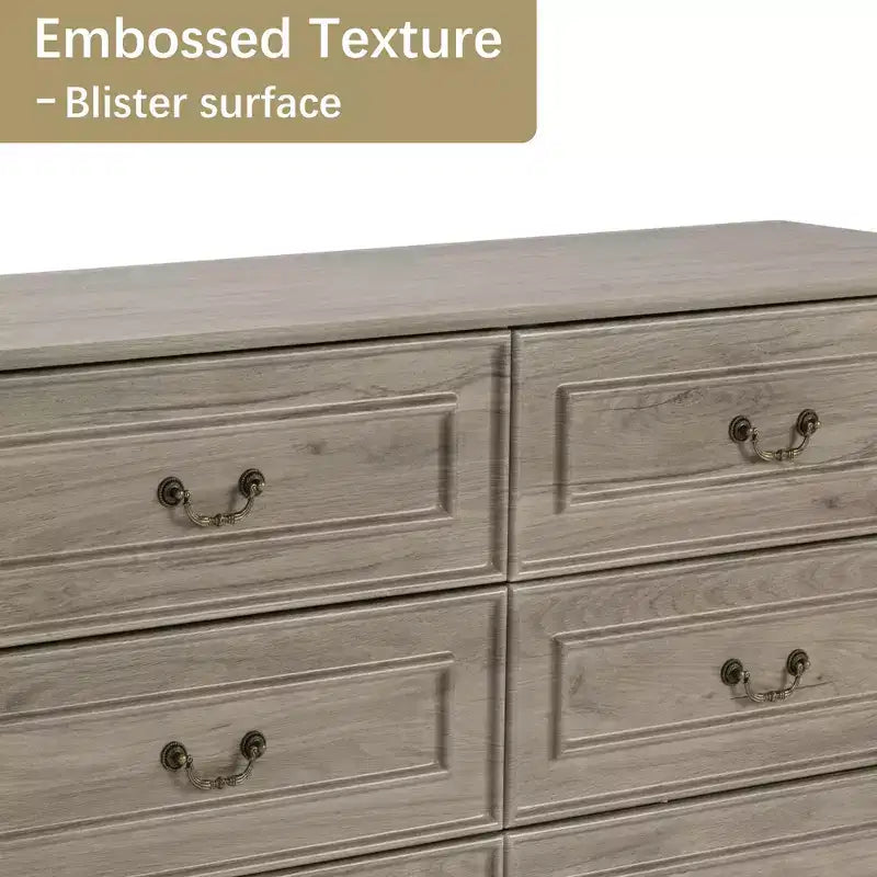 Cassettiera rustica da 120 cm con 6 cassetti per camera da letto, texture naturale, grigio