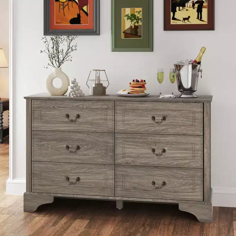 Cassettiera rustica da 120 cm con 6 cassetti per camera da letto, texture naturale, grigio