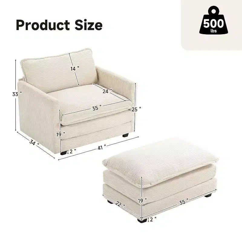 41.34 Poltrona accentata oversize in velluto a coste, poltrona divano con pouf e seduta ampia, poltrone moderne da lettura per camera da letto e soggiorno