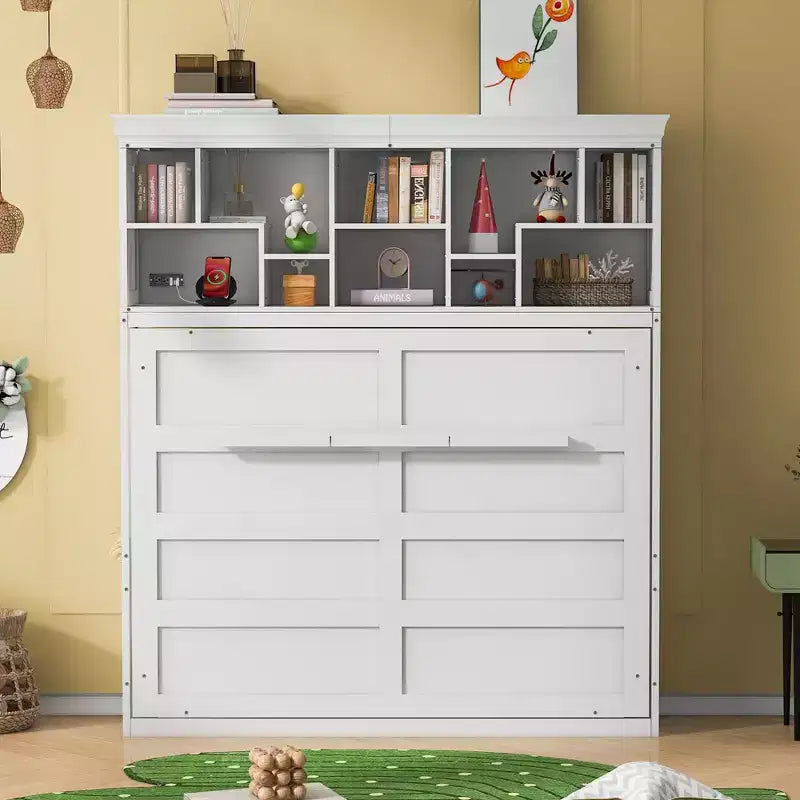 Letto a scomparsa matrimoniale Queen size dal design moderno, ripiegabile in un mobile con ripiani superiori e porte USB