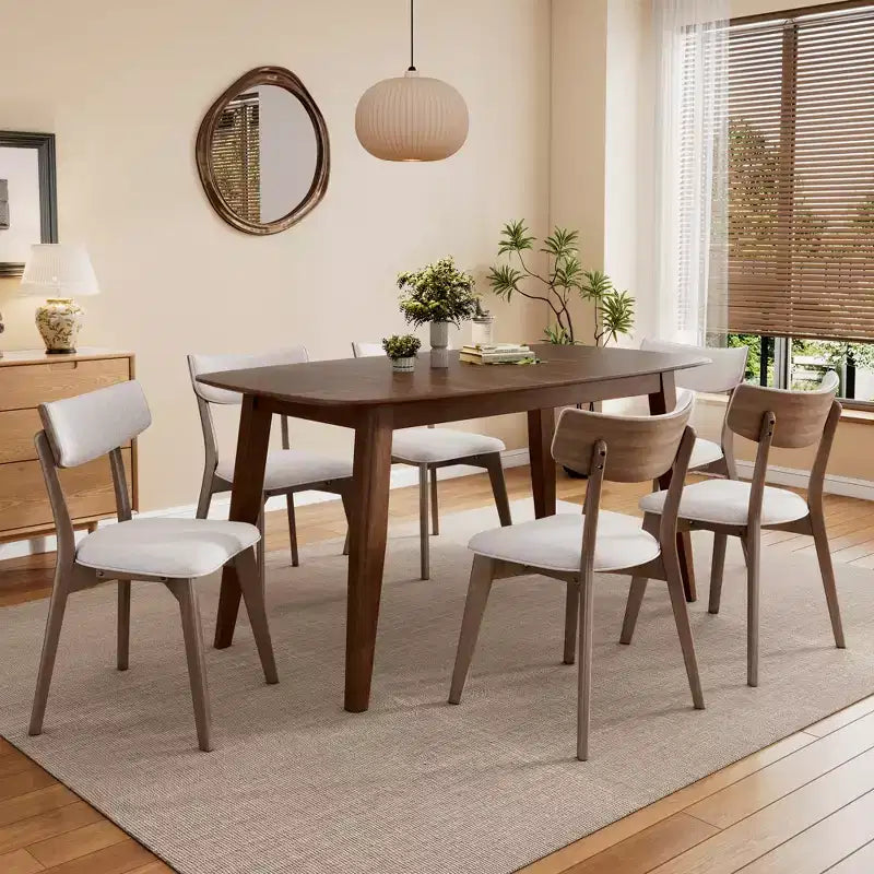 Set da pranzo imbottito in legno di gomma stile Mid-Century Modern, 7 pezzi