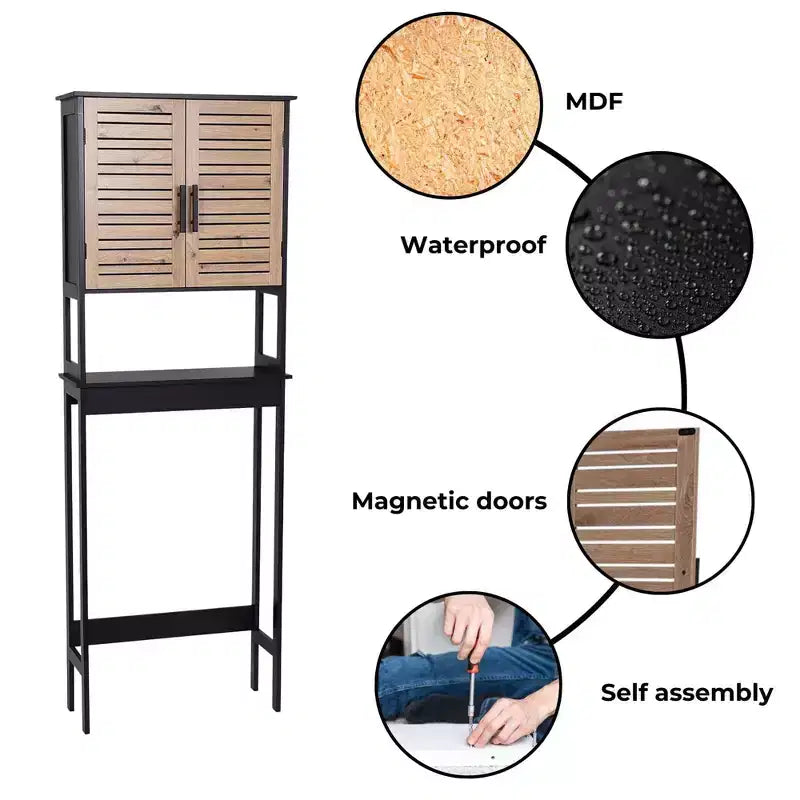 Mobiletto da Bagno Sopra Il WC con Ante a Doppia Ventilazione e Ripiano Aperto, Nero e Marrone - Collezione Bergen