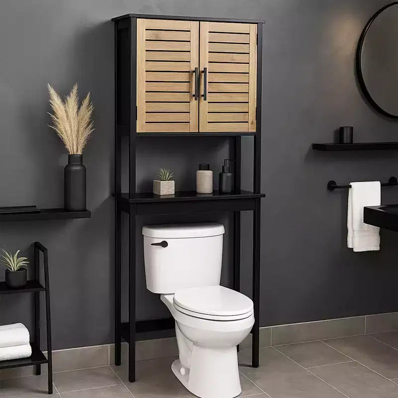 Mobiletto da Bagno Sopra Il WC con Ante a Doppia Ventilazione e Ripiano Aperto, Nero e Marrone - Collezione Bergen