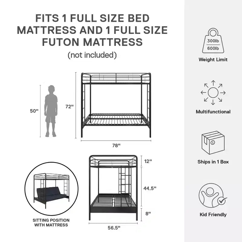 Letto a castello in metallo a due piazze sopra futon