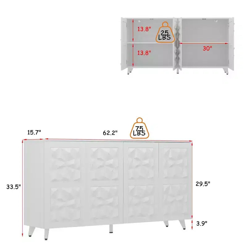 Cassettiera 4 ante in stile "diamante" - Superficie effetto tessuto per il soggiorno