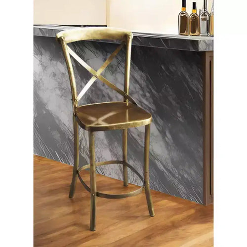 Sgabello da bar 24" in ferro dorato, schienale alto con poggiapiedi, senza braccioli, altezza fissa