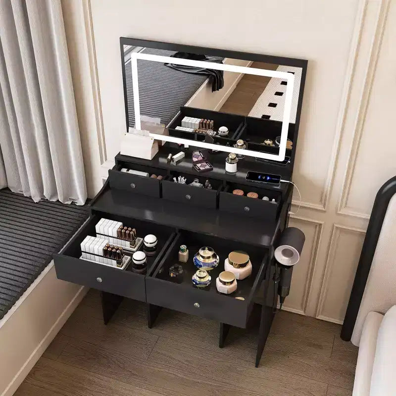 Toeletta Moderna con Specchio Grande e Luci, Scrivania da Trucco con Cassetti e Piccolo Sgabello, Set Tavolo da Trucco per Camere da Letto