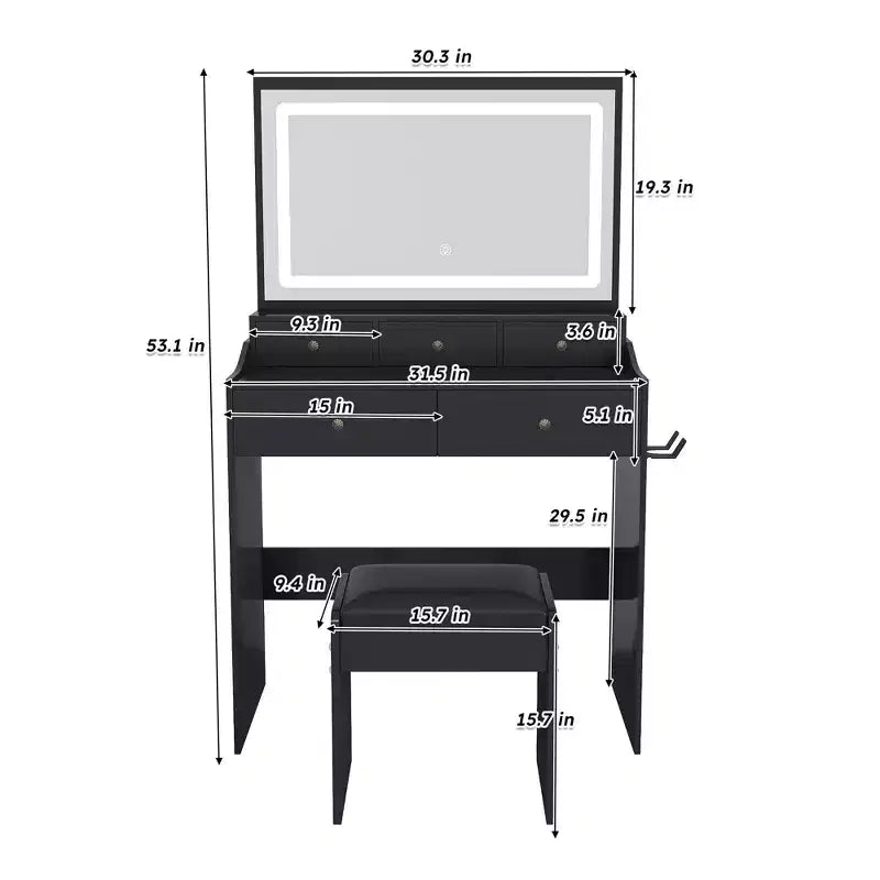 Toeletta Moderna con Specchio Grande e Luci, Scrivania da Trucco con Cassetti e Piccolo Sgabello, Set Tavolo da Trucco per Camere da Letto