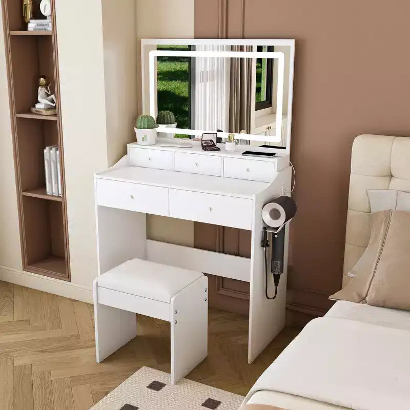 Toeletta Moderna con Specchio Grande e Luci, Scrivania da Trucco con Cassetti e Piccolo Sgabello, Set Tavolo da Trucco per Camere da Letto