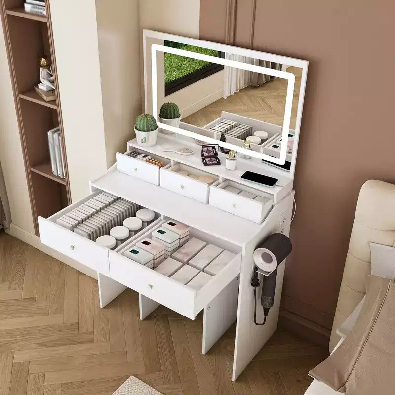 Toeletta Moderna con Specchio Grande e Luci, Scrivania da Trucco con Cassetti e Piccolo Sgabello, Set Tavolo da Trucco per Camere da Letto