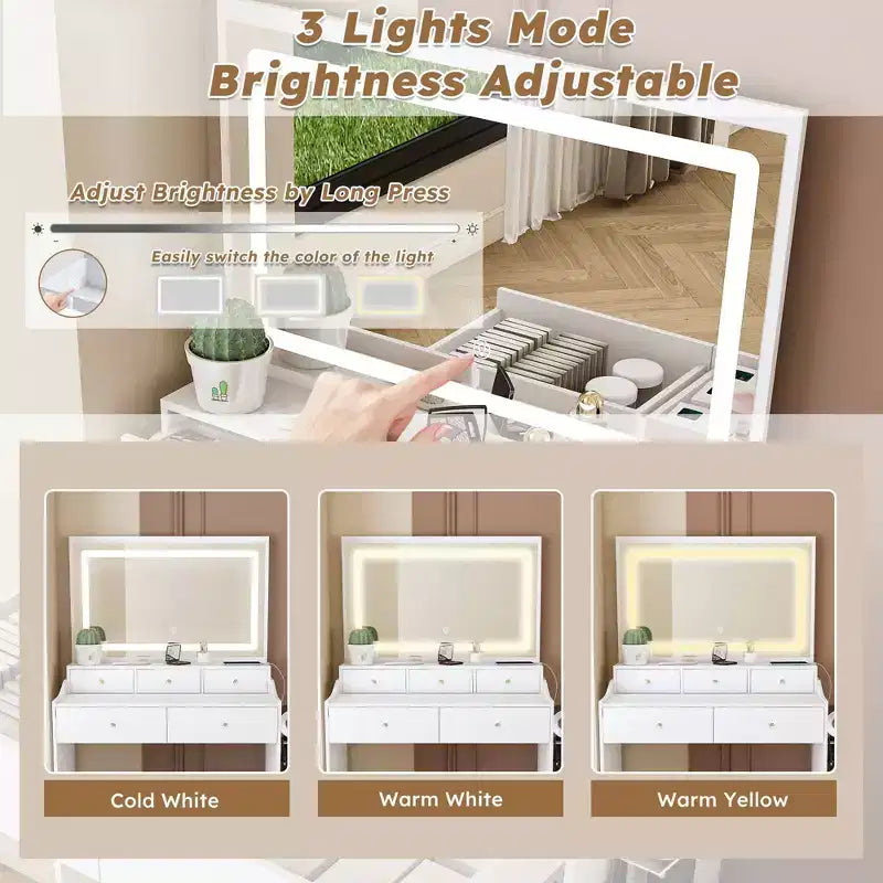 Toeletta Moderna con Specchio Grande e Luci, Scrivania da Trucco con Cassetti e Piccolo Sgabello, Set Tavolo da Trucco per Camere da Letto