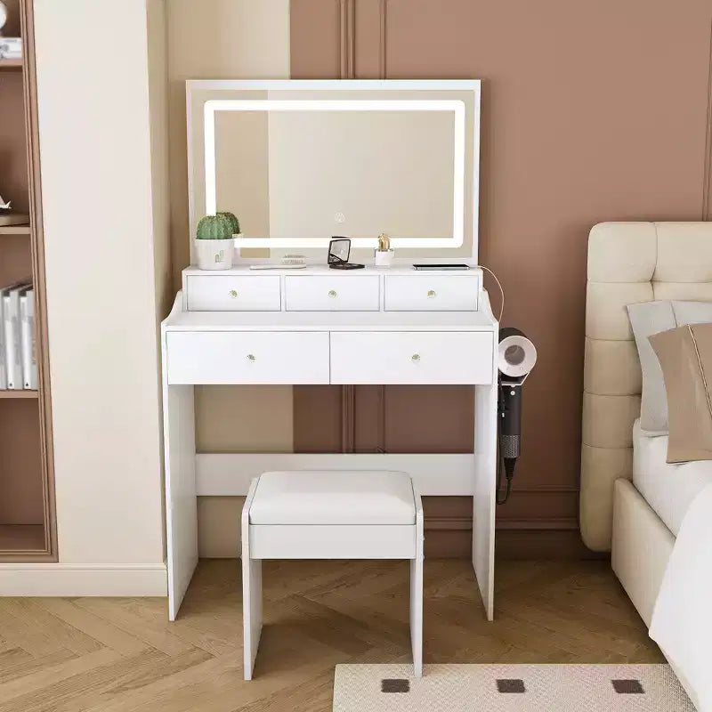 Toeletta Moderna con Specchio Grande e Luci, Scrivania da Trucco con Cassetti e Piccolo Sgabello, Set Tavolo da Trucco per Camere da Letto