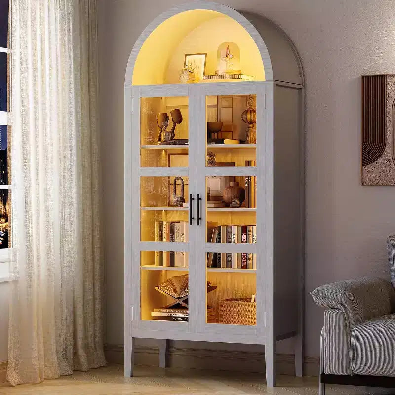 Dispensa da cucina alta 70 con ripiani ad arco, luci a LED e ripiani regolabili, libreria ad arco per cucina, sala da pranzo, soggiorno