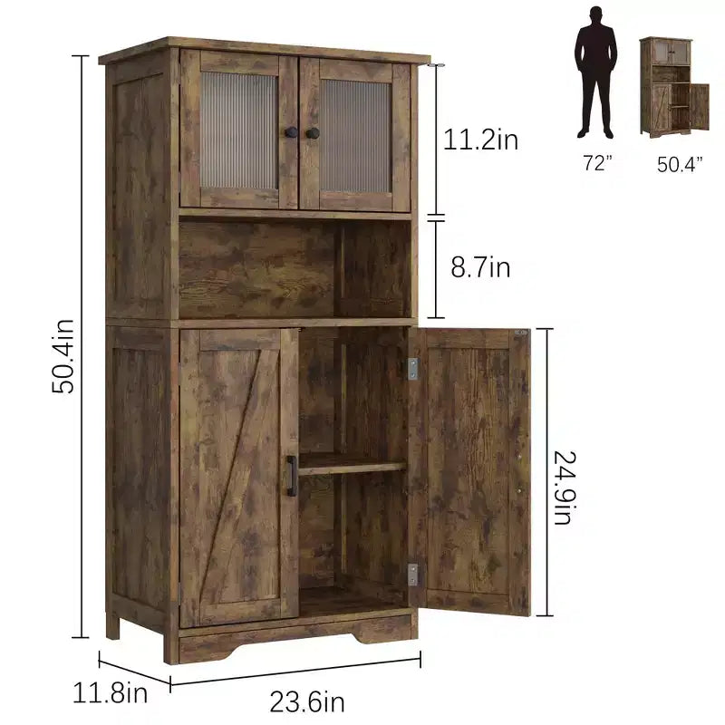 Credenza con ante in vetro Hutch, mobile dispensa alto 54" con ripiani regolabili per soggiorno
