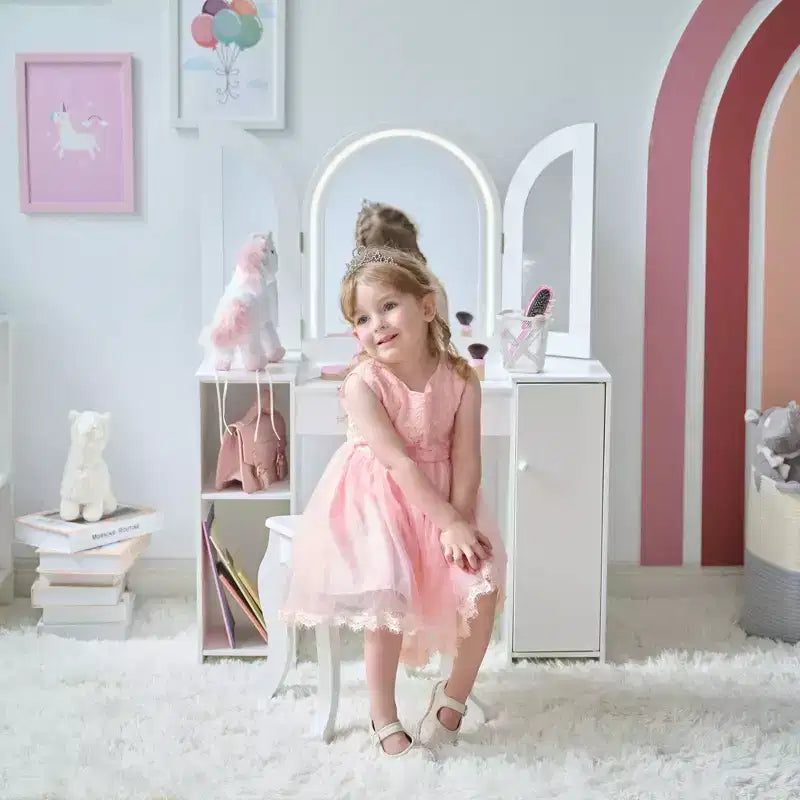 Toeletta in legno Deluxe Glow per bambini con specchio LED, contenitore e sgabello, bianco