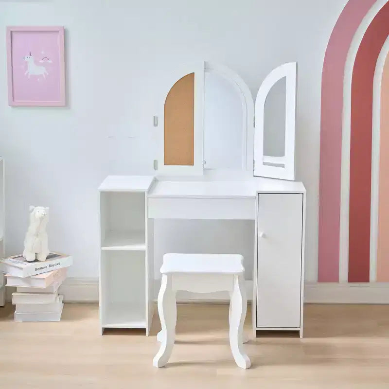 Toeletta in legno Deluxe Glow per bambini con specchio LED, contenitore e sgabello, bianco