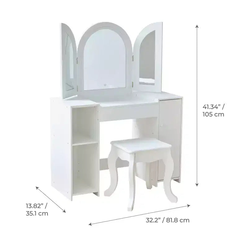 Toeletta in legno Deluxe Glow per bambini con specchio LED, contenitore e sgabello, bianco