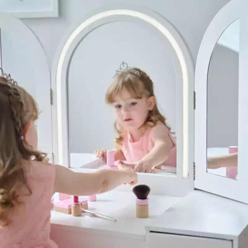 Toeletta in legno Deluxe Glow per bambini con specchio LED, contenitore e sgabello, bianco