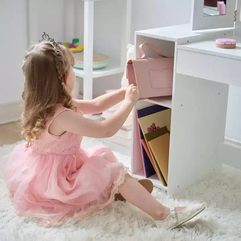 Toeletta in legno Deluxe Glow per bambini con specchio LED, contenitore e sgabello, bianco