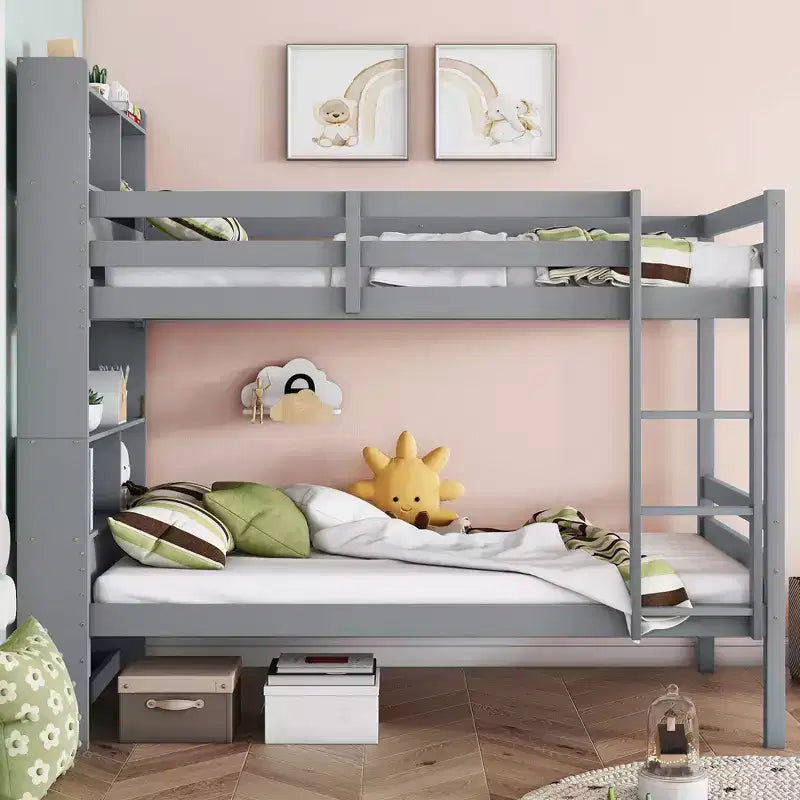 Letto a castello singolo su singolo con mensole portaoggetti, letto a castello per bambini 2 in 1 in legno di gomma con sponde di sicurezza e scaletta, letto singolo per la camera da letto