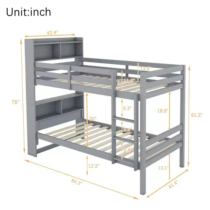 Letto a castello singolo su singolo con mensole portaoggetti, letto a castello per bambini 2 in 1 in legno di gomma con sponde di sicurezza e scaletta, letto singolo per la camera da letto