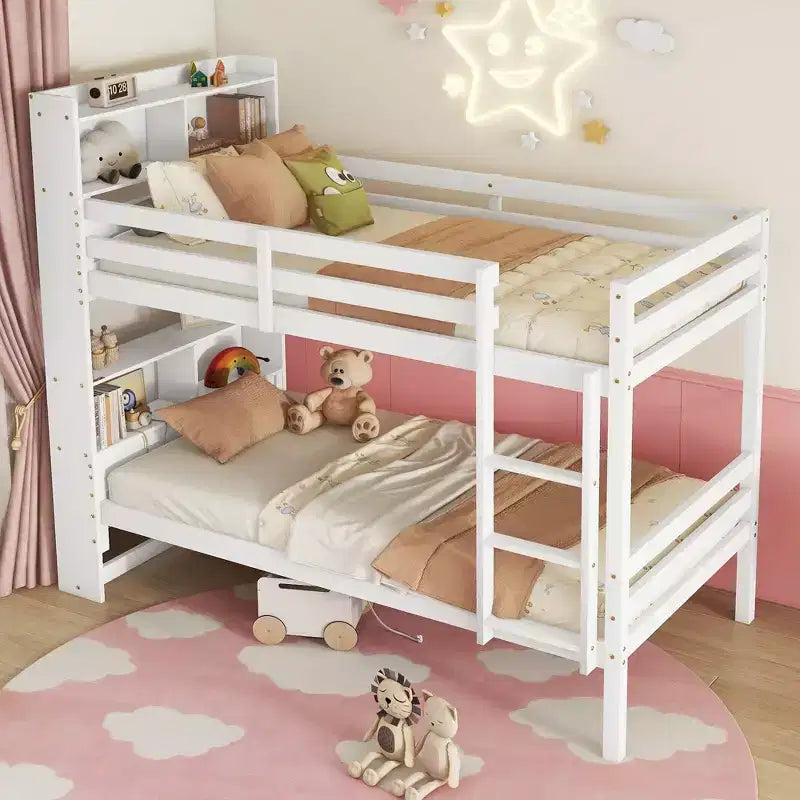 Letto a castello singolo su singolo con mensole portaoggetti, letto a castello per bambini 2 in 1 in legno di gomma con sponde di sicurezza e scaletta, letto singolo per la camera da letto