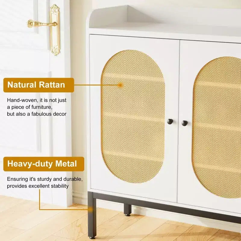 Scarpiera bianca a 6 ripiani con 3 ante in rattan (46,1L x 13,9P x 28,7A) - Organizzatore autoportante per ingresso e soggiorno