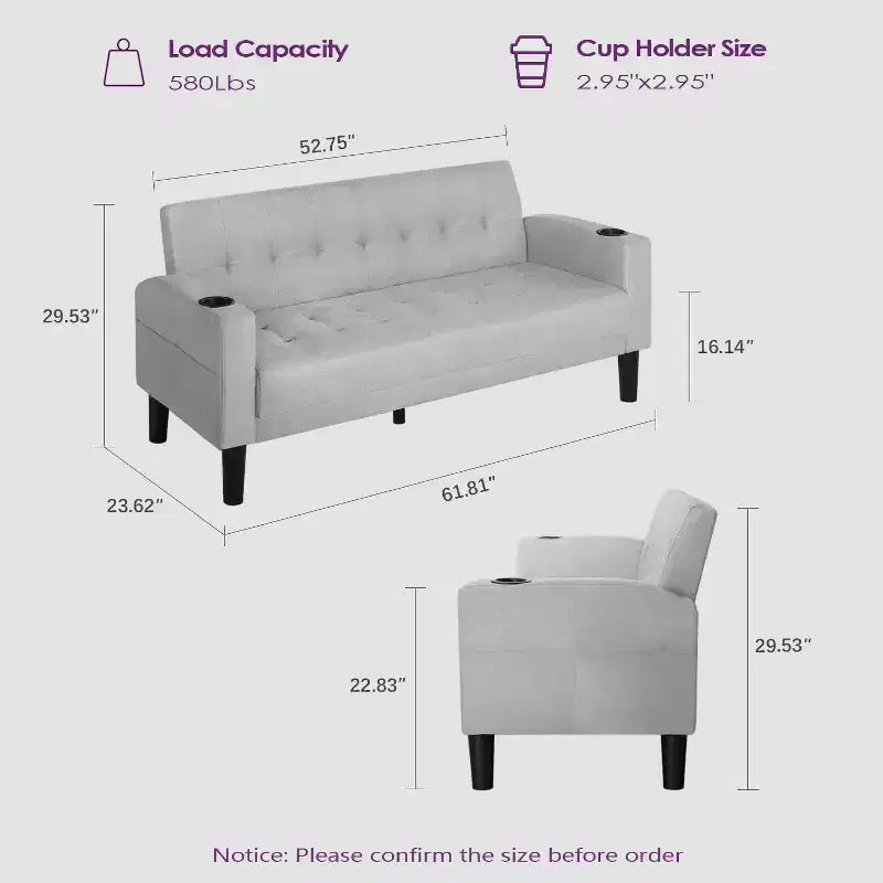 Divano letto a 3 posti, Divano moderno rivestito in lino, Set di 2 pezzi (Divanetto e Poltrona) con sedute profonde per soggiorno, Grigio chiaro