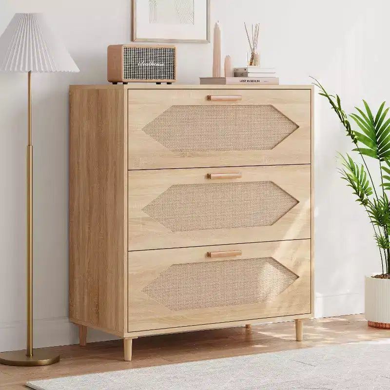 Cassettiera in Rattan a 3 Cassetti, Comò Rustico in Legno di Rovere con Frontali Intrecciati, Mobile Contenitore Moderno per Camera da Letto, Soggiorno o Ingresso