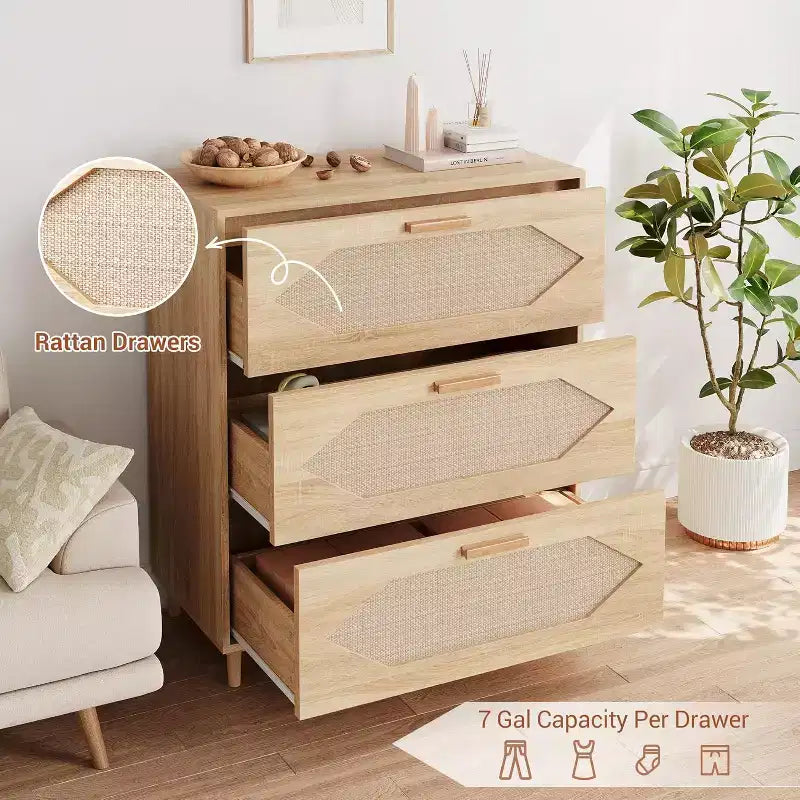 Cassettiera in Rattan a 3 Cassetti, Comò Rustico in Legno di Rovere con Frontali Intrecciati, Mobile Contenitore Moderno per Camera da Letto, Soggiorno o Ingresso