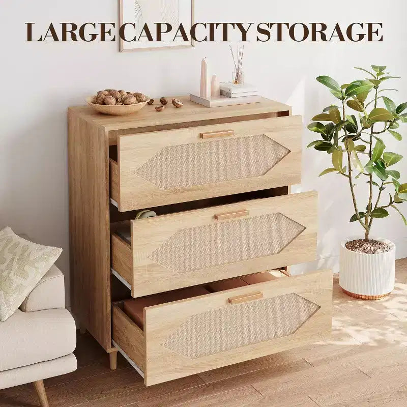 Cassettiera in Rattan a 3 Cassetti, Comò Rustico in Legno di Rovere con Frontali Intrecciati, Mobile Contenitore Moderno per Camera da Letto, Soggiorno o Ingresso