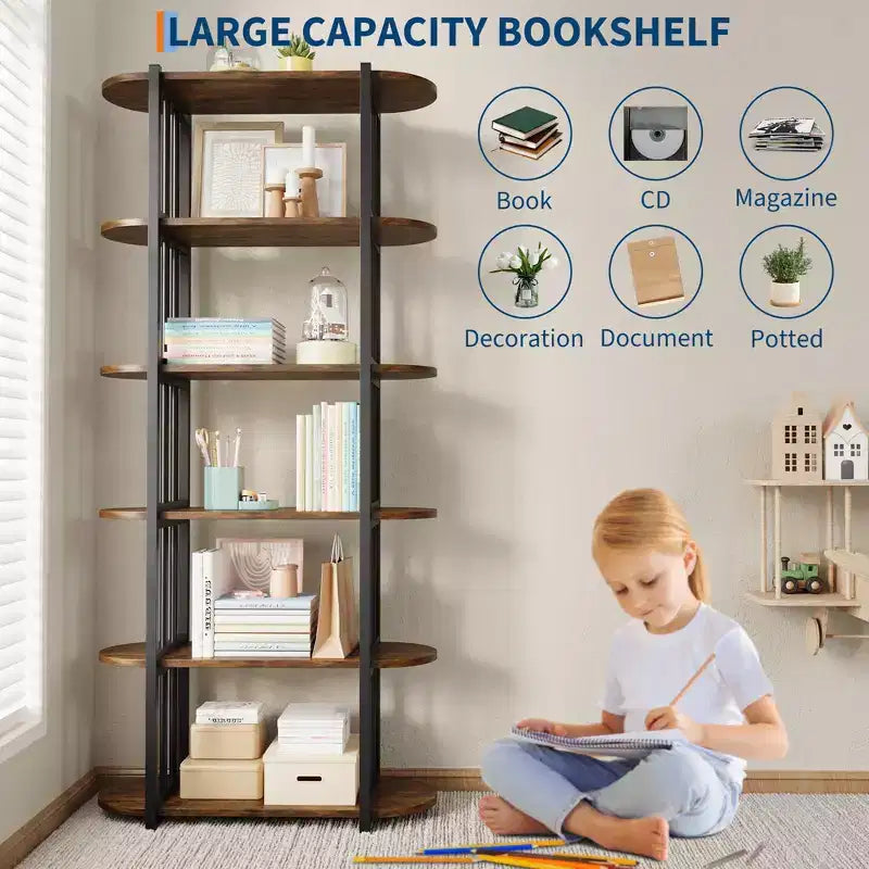 Libreria industriale a 6 ripiani - Scaffale alto 180 cm con struttura in metallo e ripiani in MDF, libreria autoportante per soggiorno, camera da letto, casa