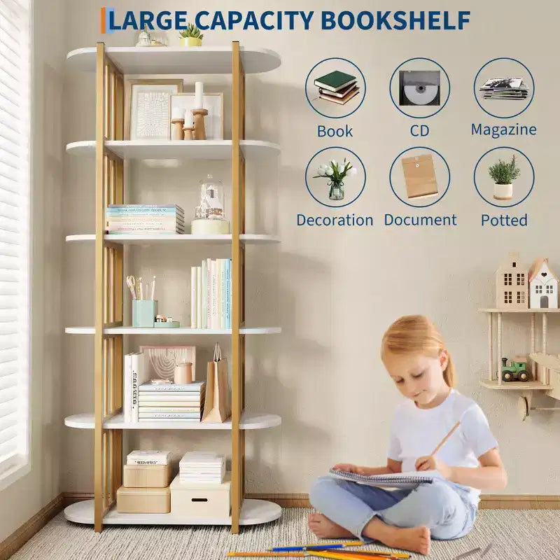 Libreria industriale a 6 ripiani - Scaffale alto 180 cm con struttura in metallo e ripiani in MDF, libreria autoportante per soggiorno, camera da letto, casa