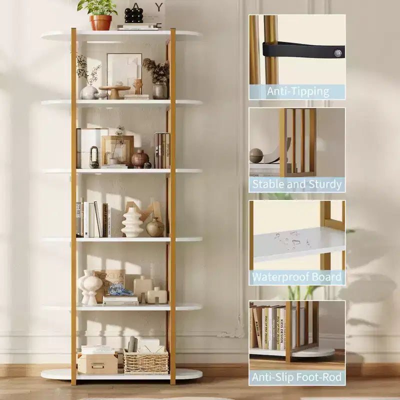 Libreria industriale a 6 ripiani - Scaffale alto 180 cm con struttura in metallo e ripiani in MDF, libreria autoportante per soggiorno, camera da letto, casa
