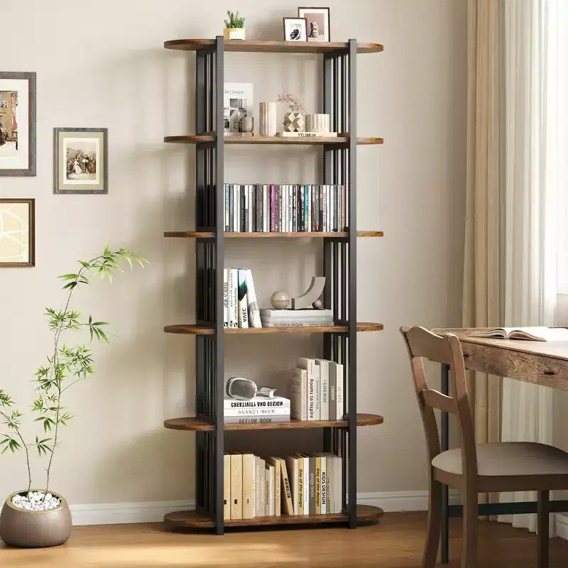 Libreria industriale a 6 ripiani - Scaffale alto 180 cm con struttura in metallo e ripiani in MDF, libreria autoportante per soggiorno, camera da letto, casa