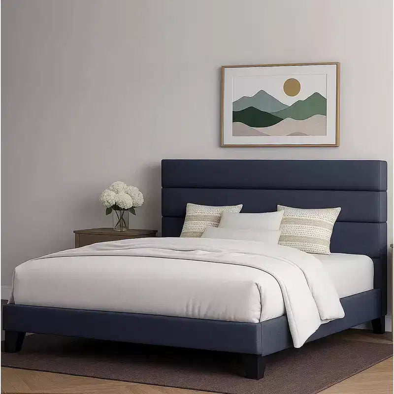 Struttura letto con testiera imbottita, supporto a doghe in legno, base materasso grigio scuro