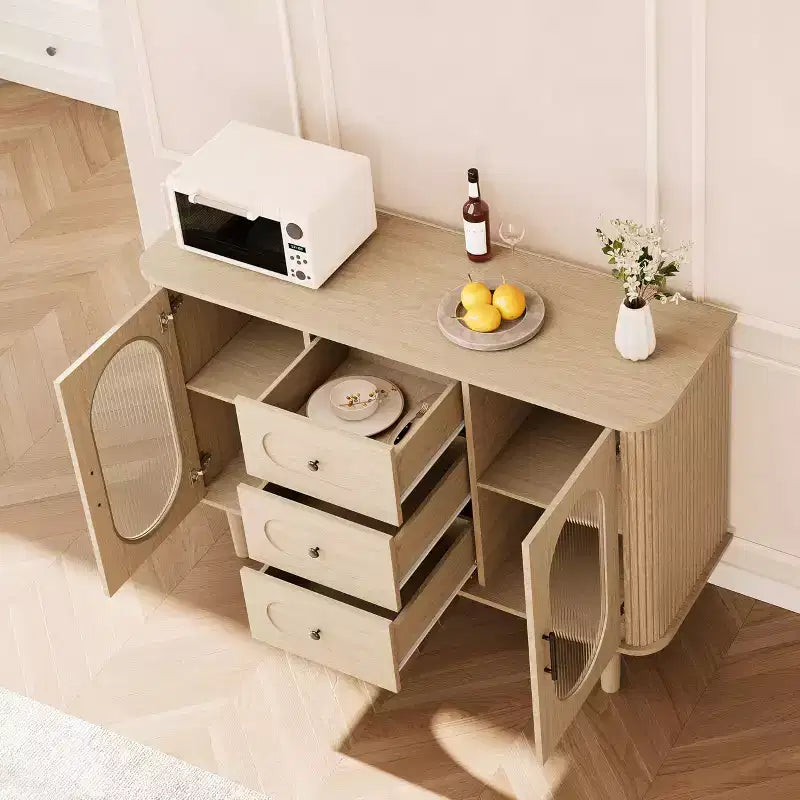 Mobile credenza da 120 cm con 2 ante in vetro scanalato e 3 cassetti, mobile bar da caffè moderno stile fattoria con ripiani regolabili