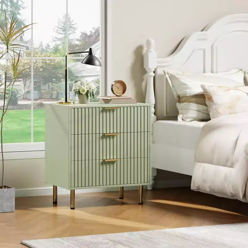 Comò a 3 cassetti per camera da letto, comodino moderno scanalato con cassetti profondi, cassettiera con piano largo, organizer in legno, tavolino