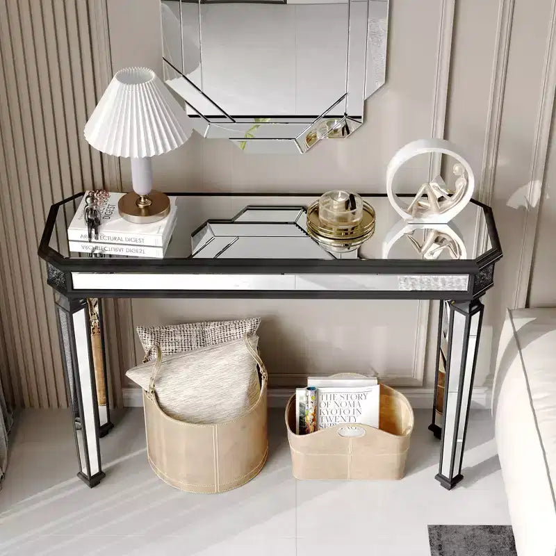 Tavolo consolle vintage da 48 pollici con intaglio a venatura del legno, Tavolo d'accento con superficie a specchio, Tavolo da ingresso per soggiorno, Ingresso