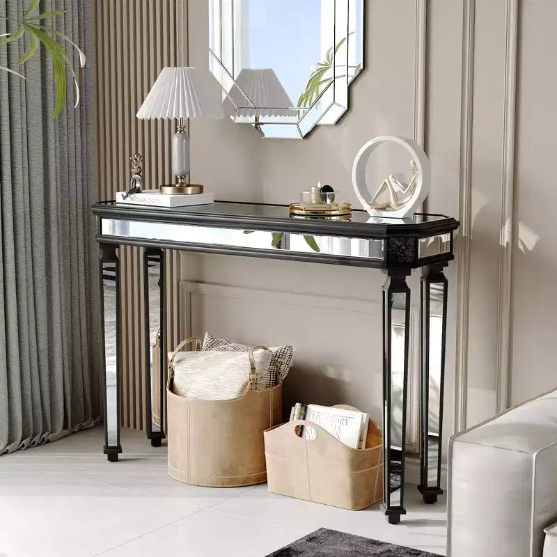 Tavolo consolle vintage da 48 pollici con intaglio a venatura del legno, Tavolo d'accento con superficie a specchio, Tavolo da ingresso per soggiorno, Ingresso