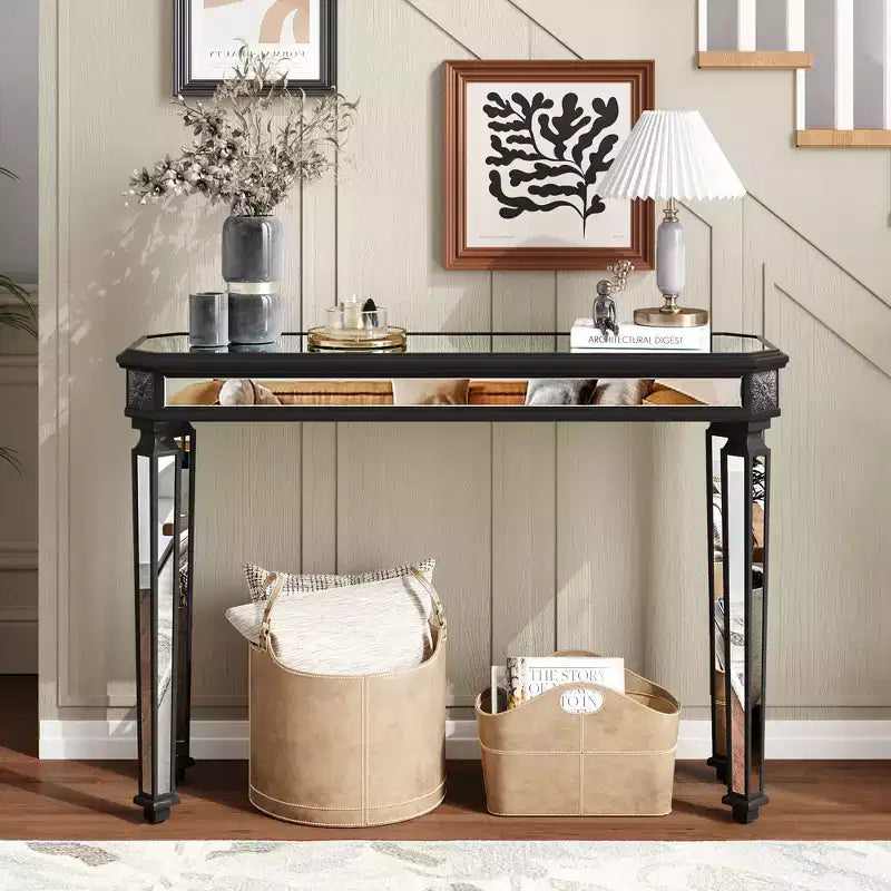 Tavolo consolle vintage da 48 pollici con intaglio a venatura del legno, Tavolo d'accento con superficie a specchio, Tavolo da ingresso per soggiorno, Ingresso