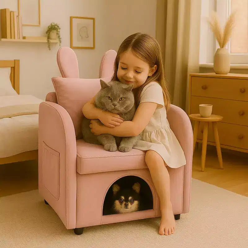Semplice Poltrona con Orecchie da Coniglio, Cuccia Nascosta Integrata per Gatti e Cani, Poltrona Singola Pet-Friendly per Camera da Letto e Soggiorno